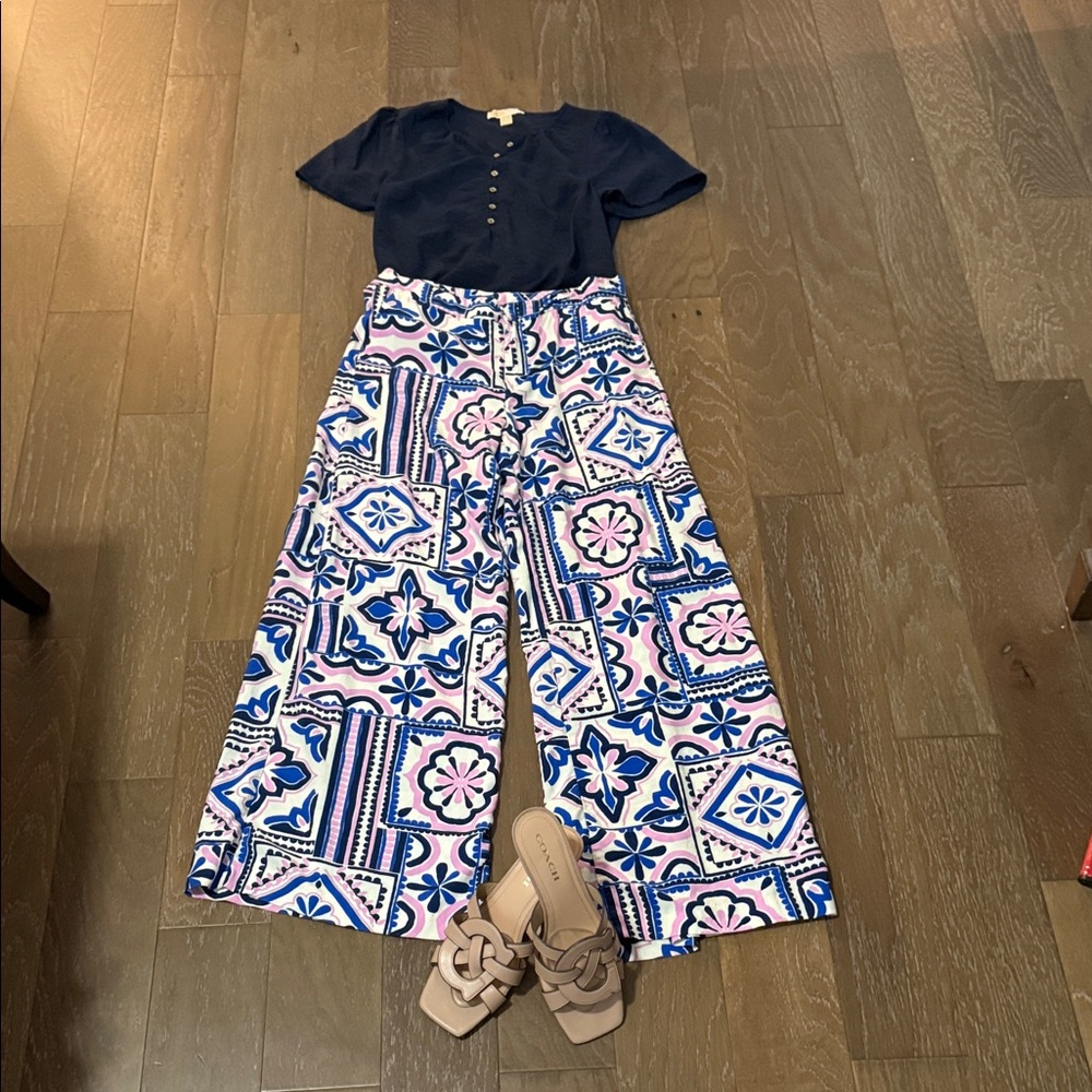 Zara Blue and Pink Patterned Wide Leg Pants - Picture 1 of 6